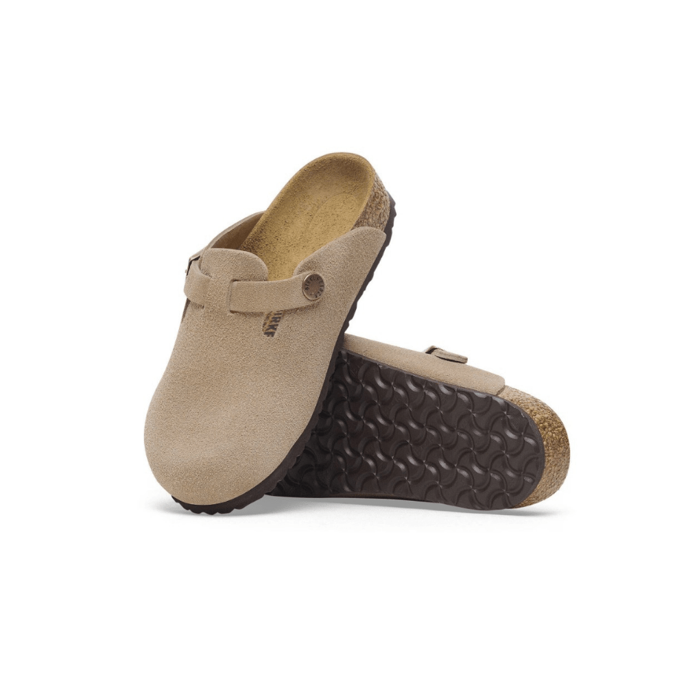 Birkenstock Boston Kids Unisex Suede Leather Clog Taupe - Top View showing cork footbed