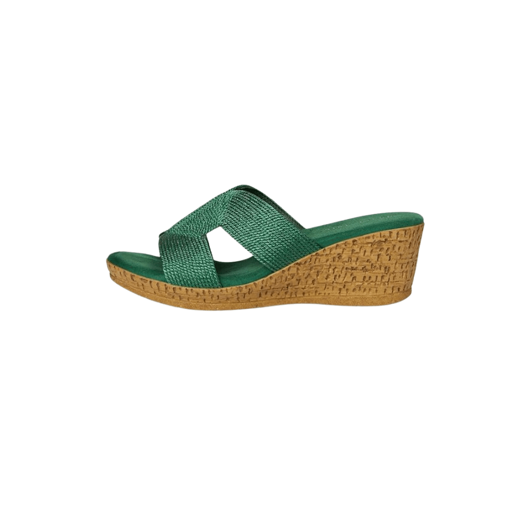 David Tate Women's Vibe Wedge Slide Sandal - Green Rayon Fabric 7