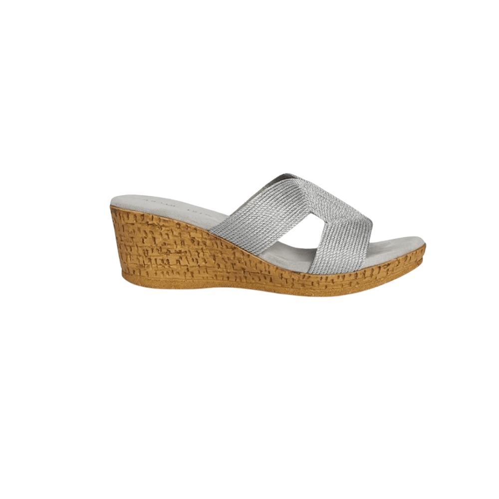 David Tate Women's Vibe Wedge Slide Sandal - Silver Rayon Fabric 1