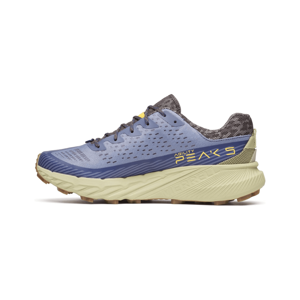Merrell Agility Peak 5 trail shoe in light grey with breathable mesh and rugged blue Vibram sole for off-road traction.