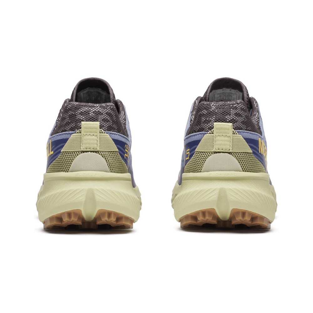 Merrell Agility Peak 5 trail shoe in light grey with breathable mesh and rugged blue Vibram sole for off-road traction.