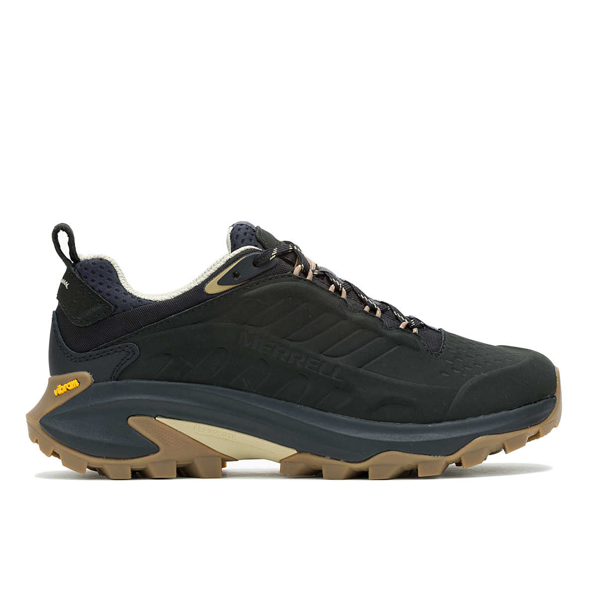 Black and navy trail running shoe with Vibram sole, deep traction lugs, reinforced toe cap, mesh panels, and lace-up closure.