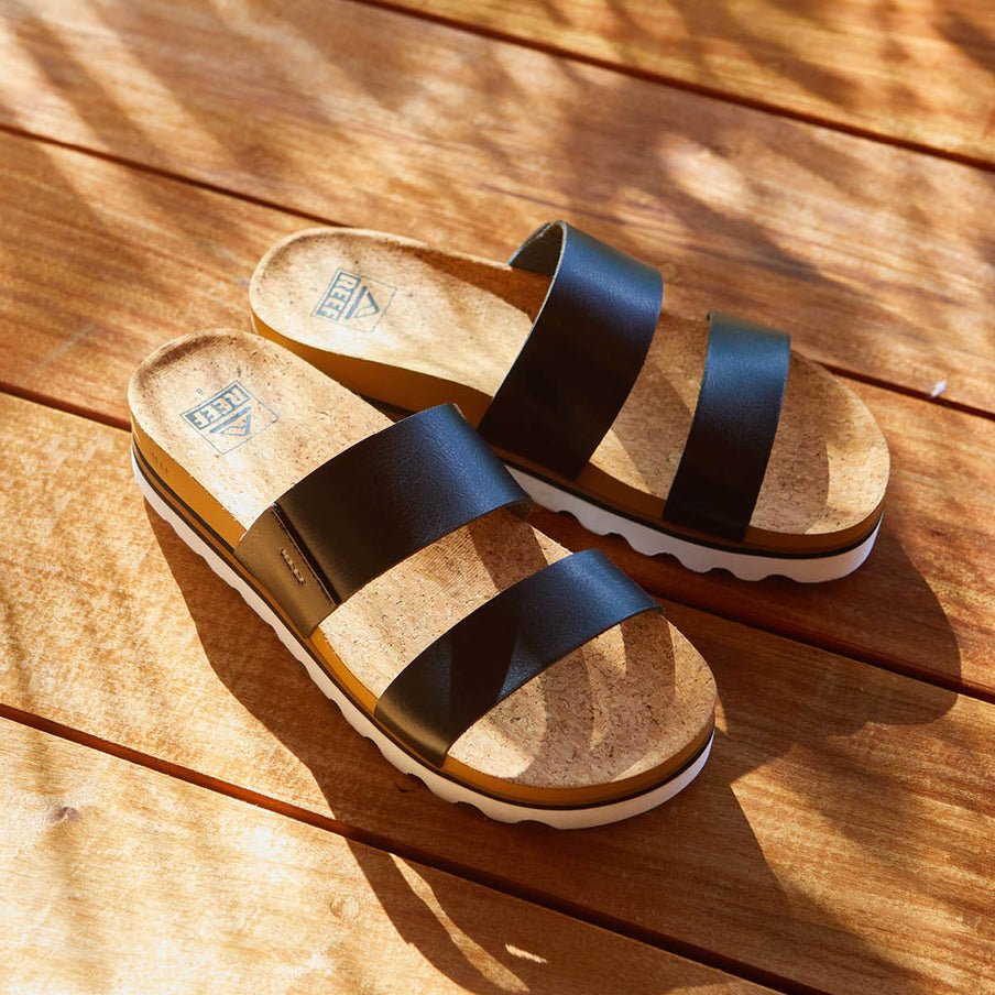 Reef Women's Cushion Vista Hi Black Sandal – Vegan Leather Platform 4