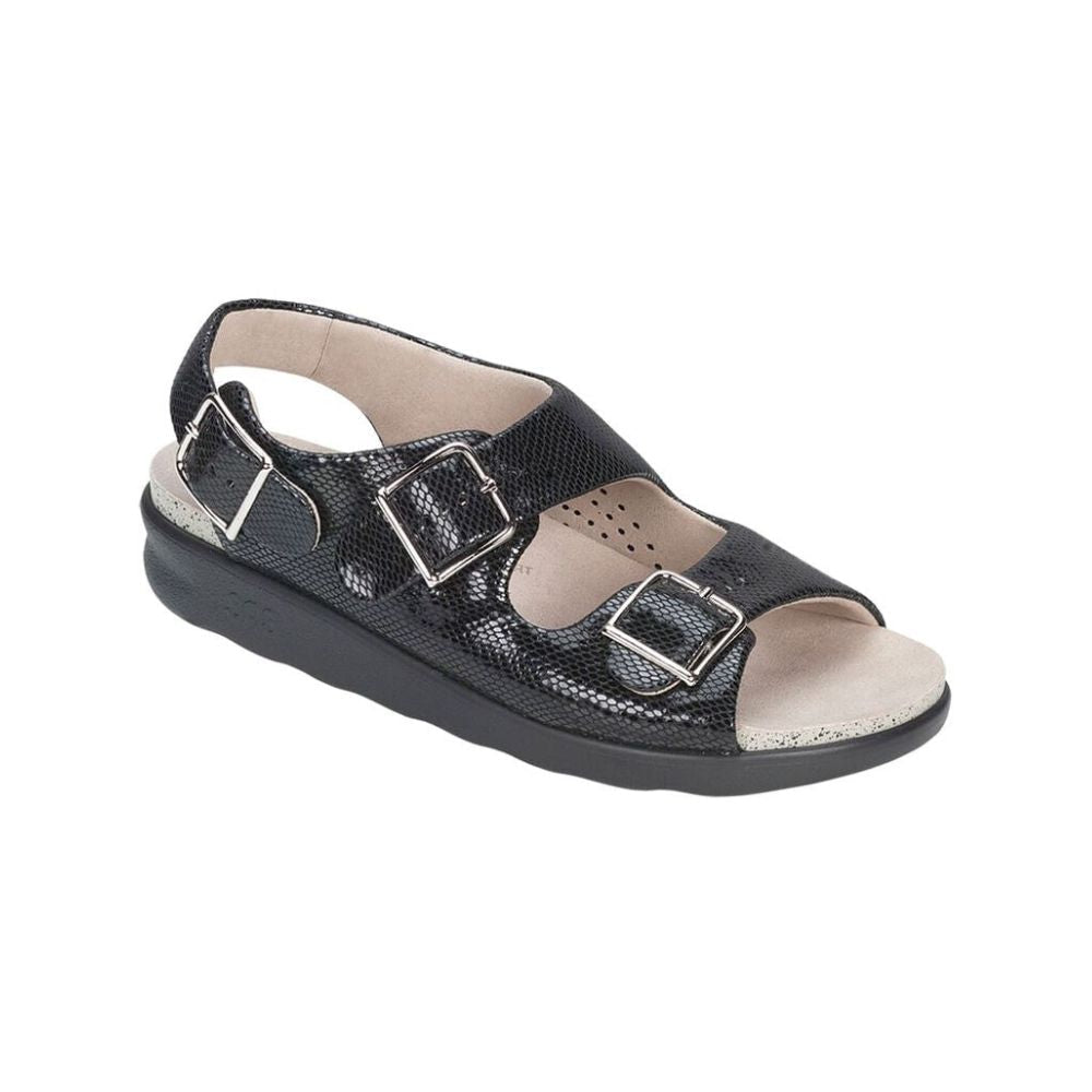 SAS Women’s Relaxed Supportive Leather Slip-On Shoe – Black Snake 1