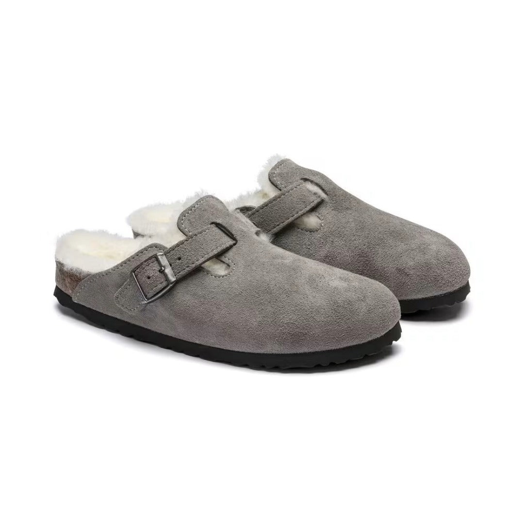 Birkenstock Boston VL Shearling Suede Leather Stone Coin Unisex Clog Sandal 4