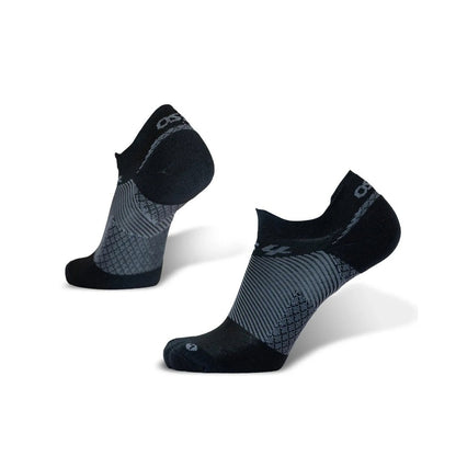 Low-cut black and gray athletic socks with ribbed and mesh zones, shown at an angle to highlight reinforced heel and toe area