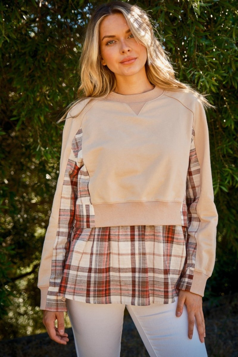 And The Why Full Size Double Layered Plaid Contrast Sweatshirt - Trendsi