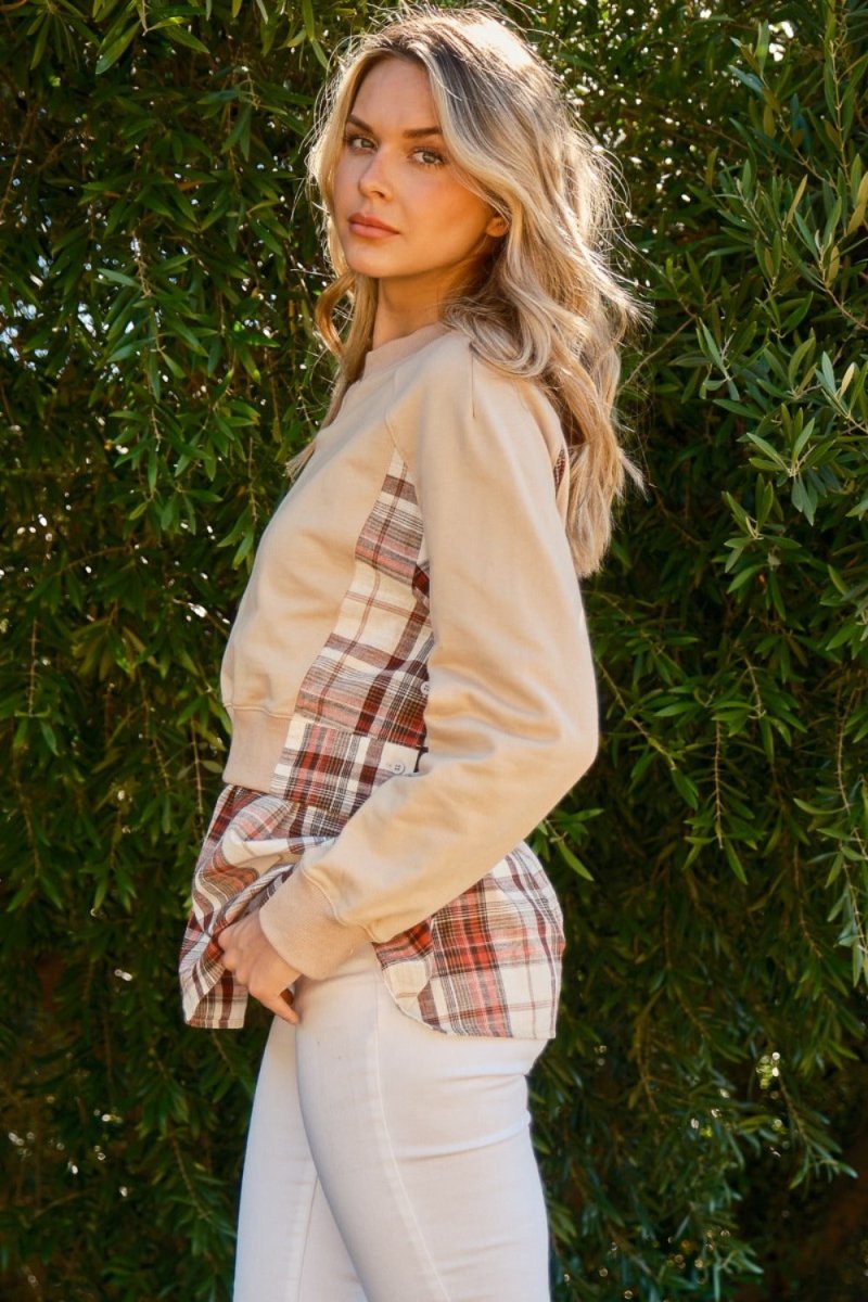 And The Why Full Size Double Layered Plaid Contrast Sweatshirt - Trendsi