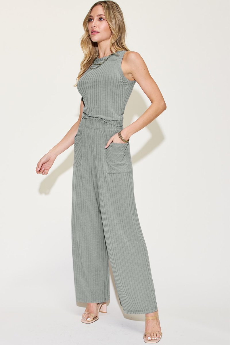 Basic Bae Full Size Ribbed Tank and Wide Leg Pants Set - Trendsi