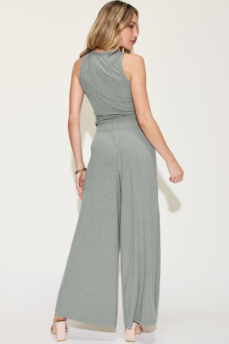 Basic Bae Full Size Ribbed Tank and Wide Leg Pants Set - Trendsi