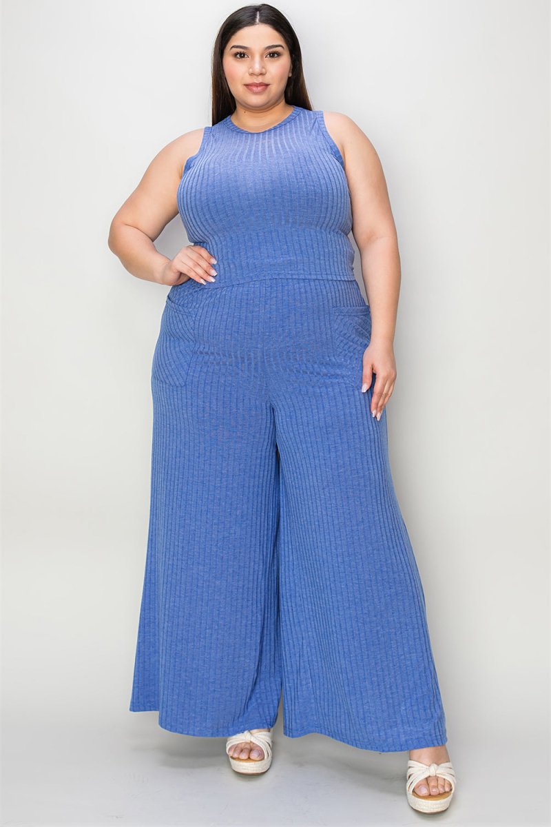 Basic Bae Full Size Ribbed Tank and Wide Leg Pants Set - Trendsi