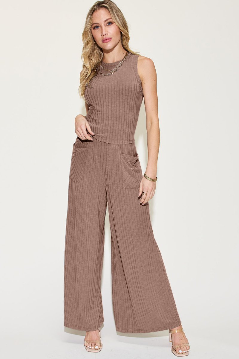 Basic Bae Full Size Ribbed Tank and Wide Leg Pants Set - Trendsi