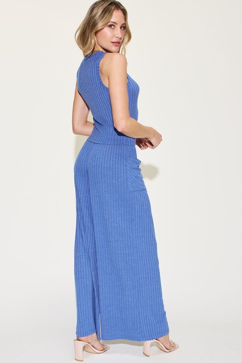 Basic Bae Full Size Ribbed Tank and Wide Leg Pants Set - Trendsi