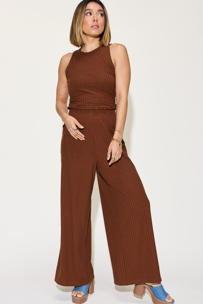 Basic Bae Full Size Ribbed Tank and Wide Leg Pants Set - Trendsi