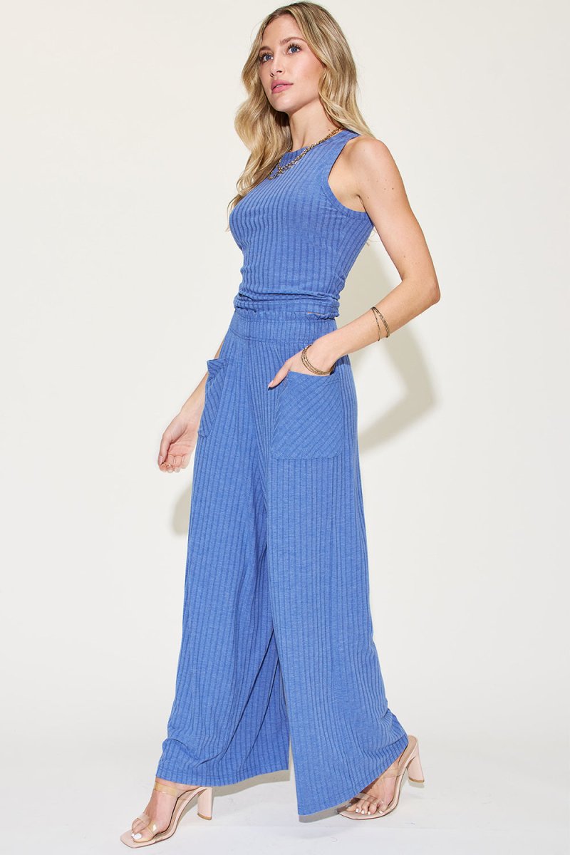 Basic Bae Full Size Ribbed Tank and Wide Leg Pants Set - Trendsi