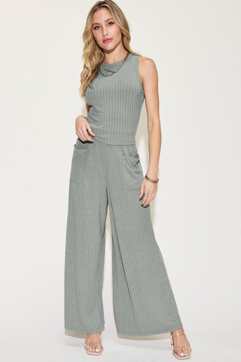 Basic Bae Full Size Ribbed Tank and Wide Leg Pants Set - Trendsi