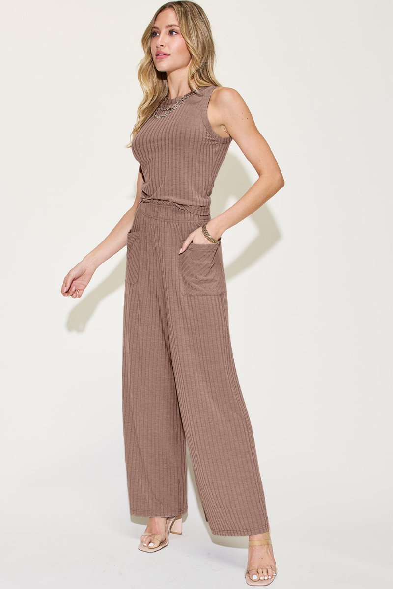 Basic Bae Full Size Ribbed Tank and Wide Leg Pants Set - Trendsi