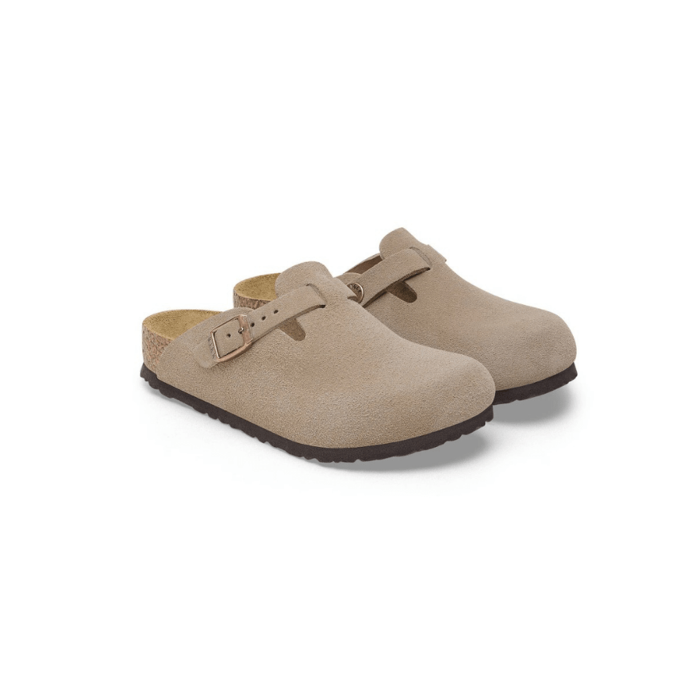 Birkenstock Boston Kids Unisex Suede Leather Clog Taupe - Front View closed-toe design