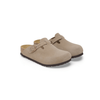 Birkenstock Boston Kids Unisex Suede Leather Clog Taupe - Front View closed-toe design