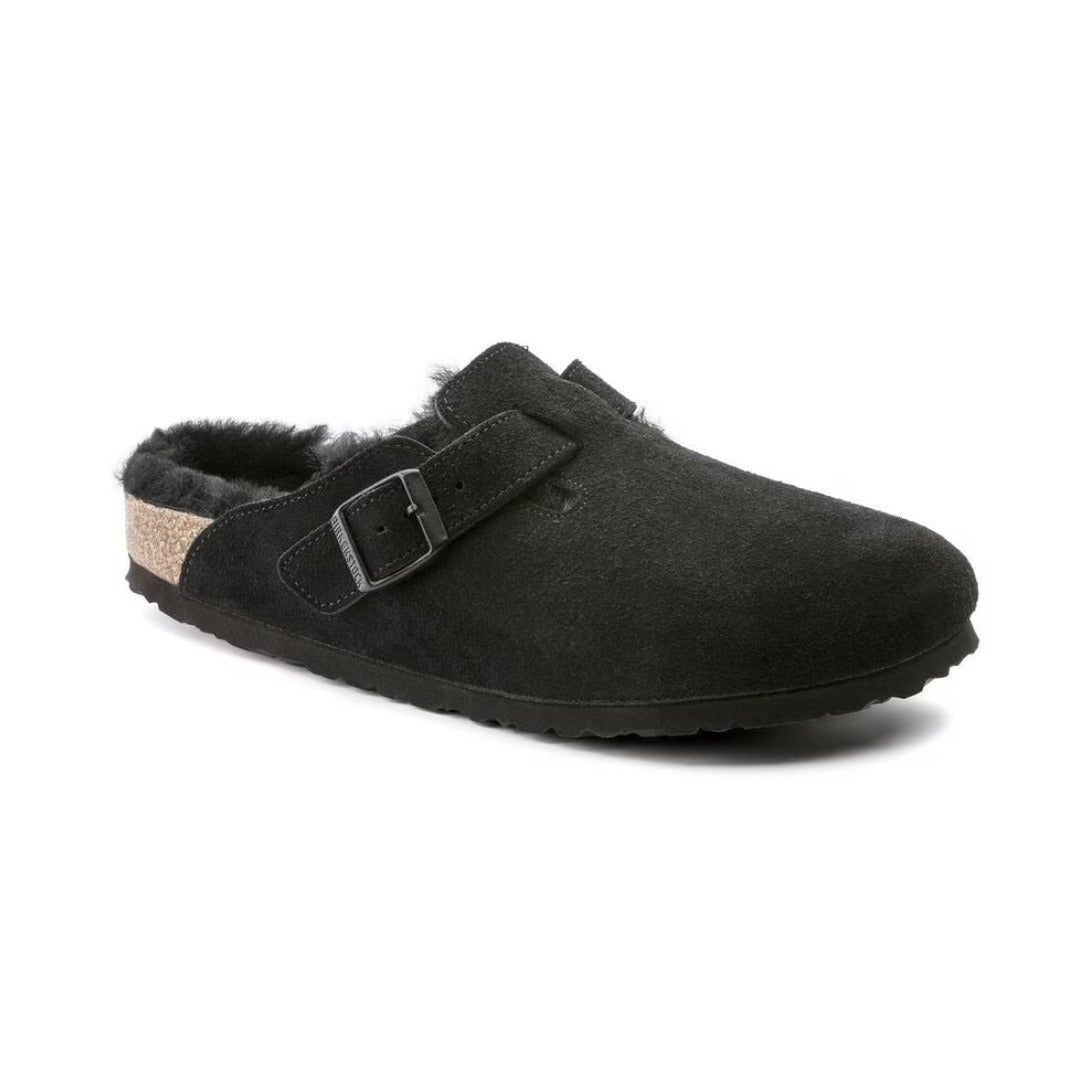 Birkenstock Boston VL Shearling Suede Leather Black Unisex Clog Sandal 6