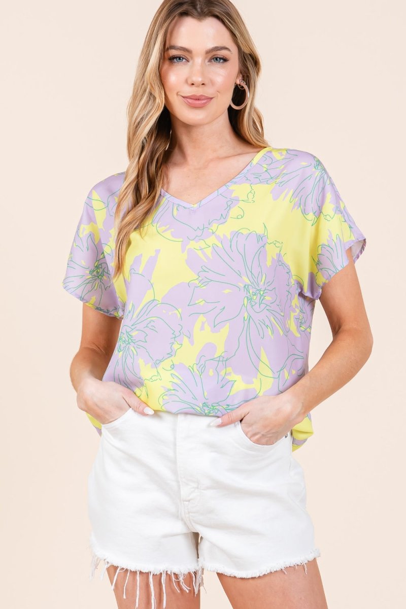 BOMBOM Floral Short Sleeve T-Shirt - Women's TopTrendsi