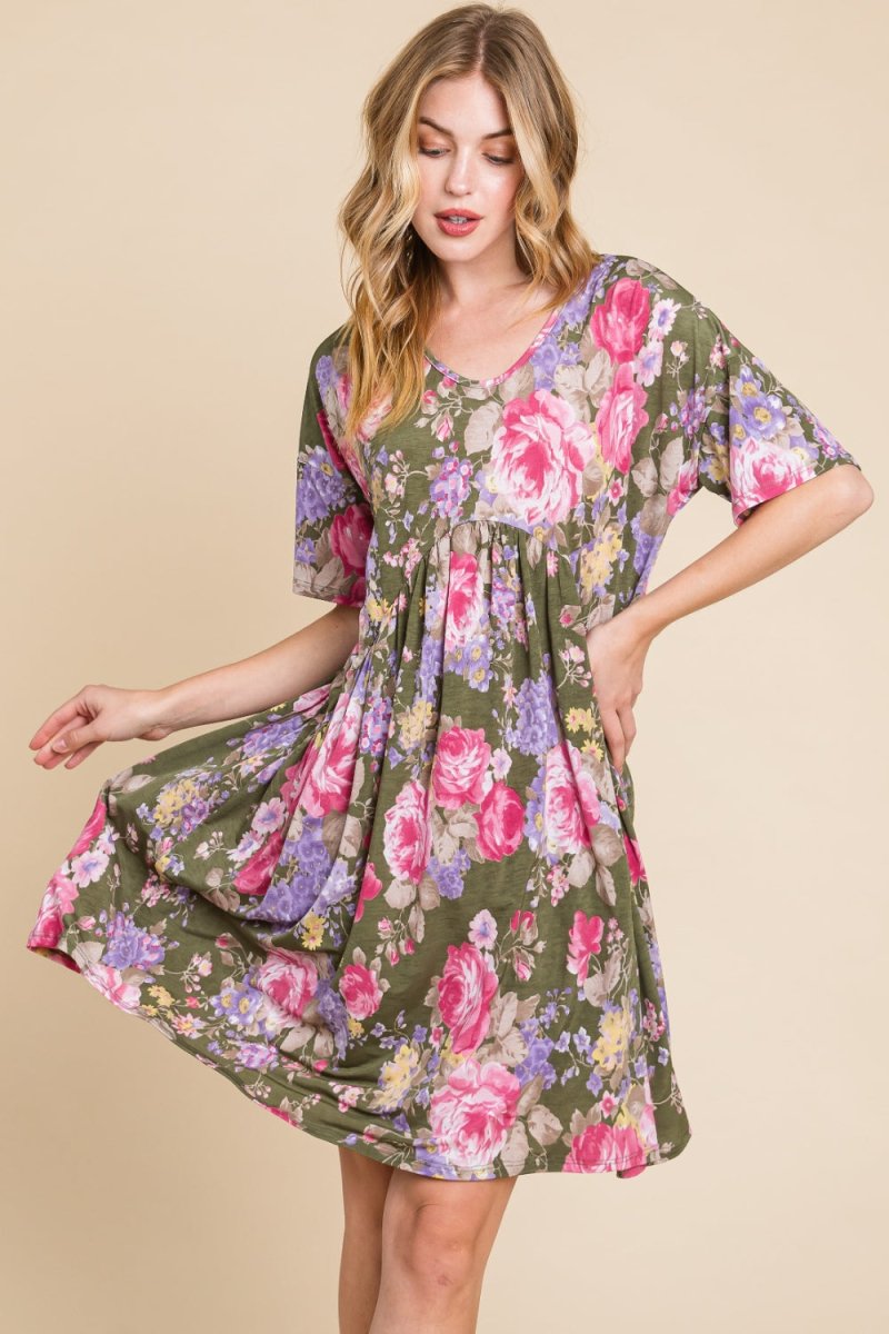 BOMBOM Flower Print V-Neck Ruched Dress - Women's TopBOMBOM