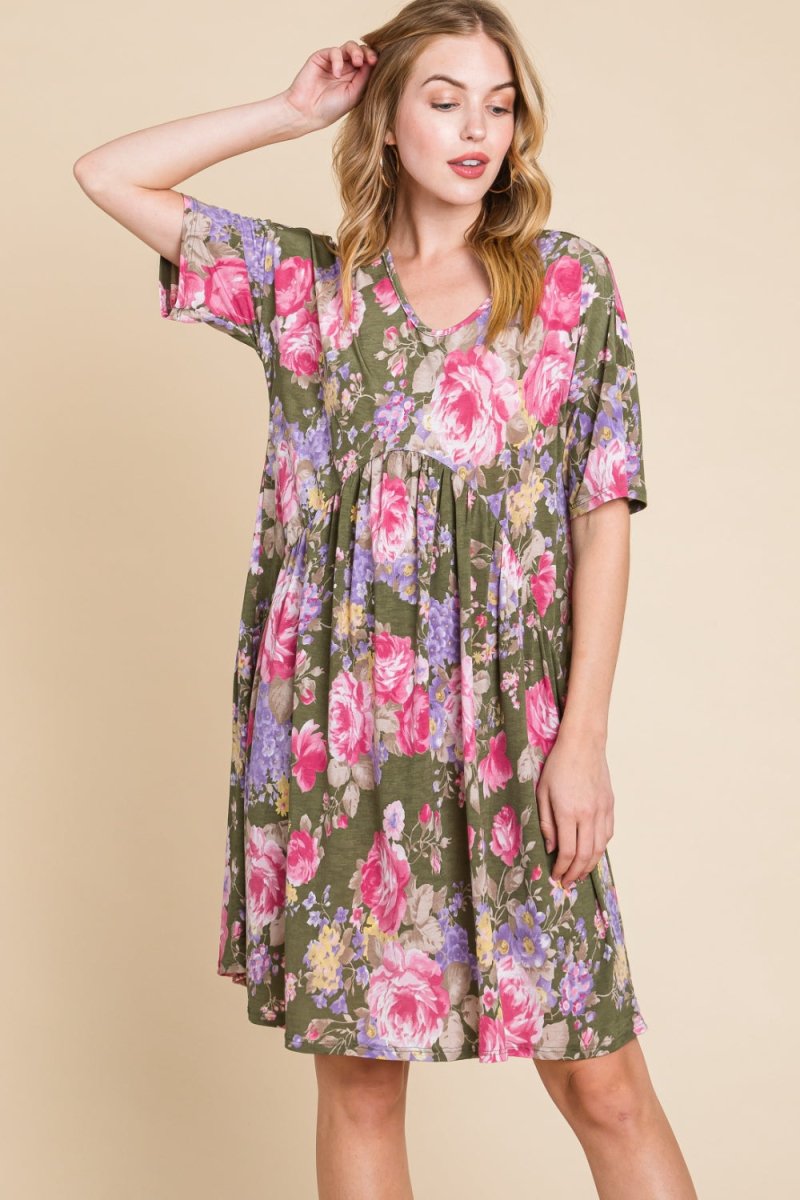 BOMBOM Flower Print V-Neck Ruched Dress - Women's TopBOMBOM