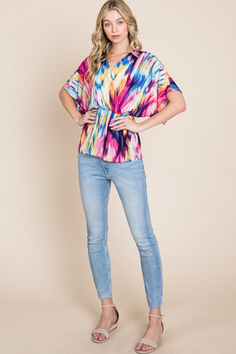 BOMBOM Printed Surplice Peplum Blouse - Women's TopBOMBOM