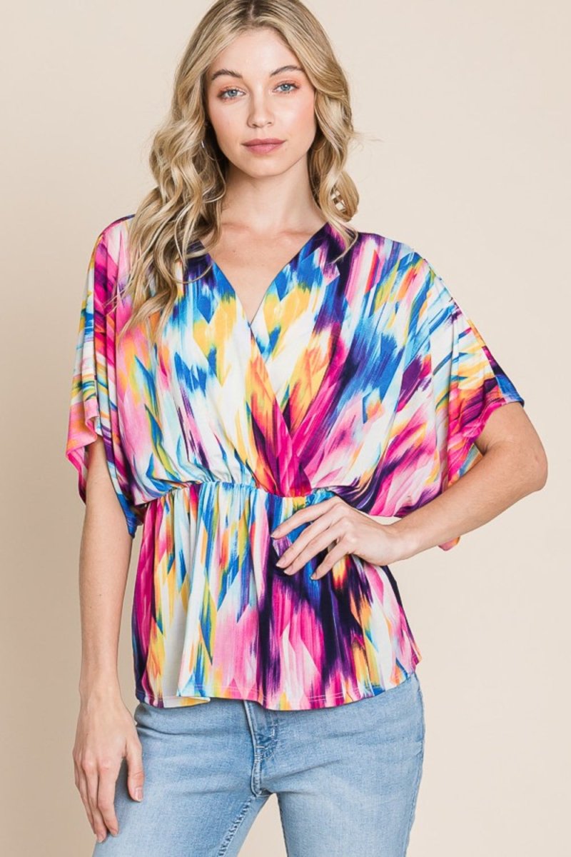 BOMBOM Printed Surplice Peplum Blouse - Women's TopBOMBOM