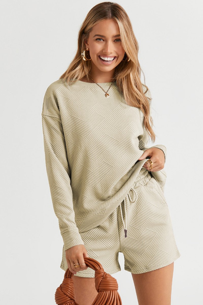 Double Take Full Size Texture Long Sleeve Top and Drawstring Shorts Set - Trendsi