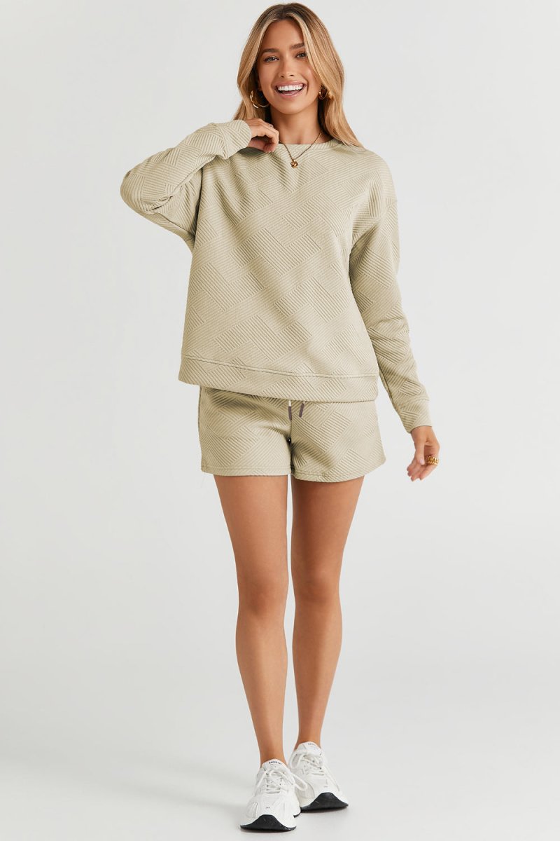 Double Take Full Size Texture Long Sleeve Top and Drawstring Shorts Set - Trendsi