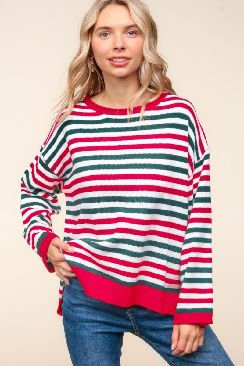 Haptics Full Size Striped Contrast Side Slit Knit Top - Trendsi