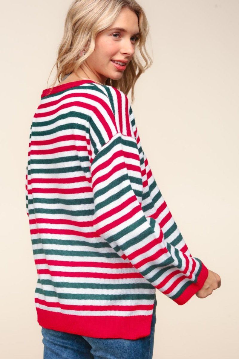 Haptics Full Size Striped Contrast Side Slit Knit Top - Trendsi