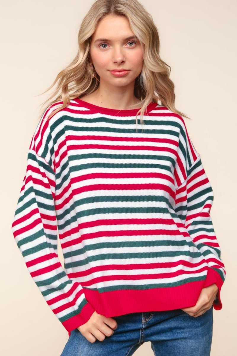 Haptics Full Size Striped Contrast Side Slit Knit Top - Trendsi