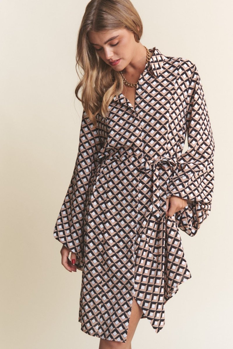 J.NNA Geometric Balloon Long Sleeve Midi Dress - Trendsi