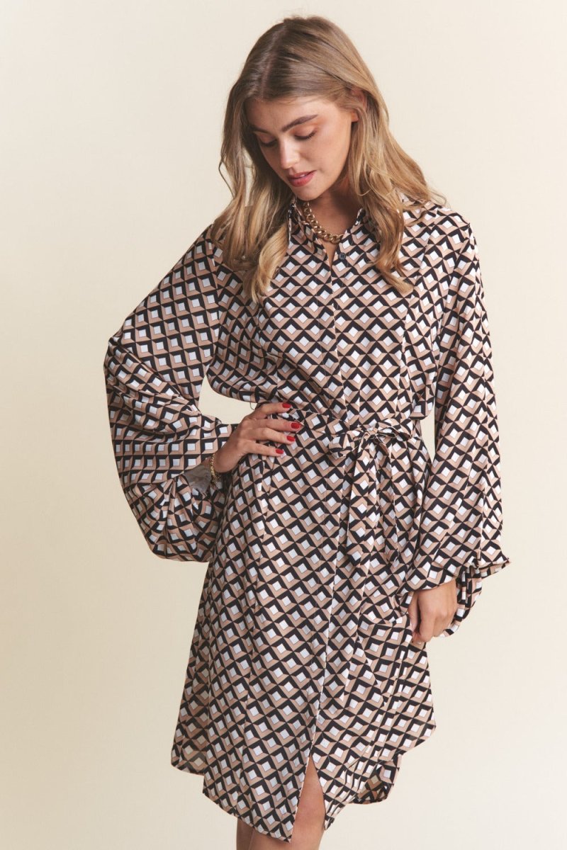 J.NNA Geometric Balloon Long Sleeve Midi Dress - Trendsi