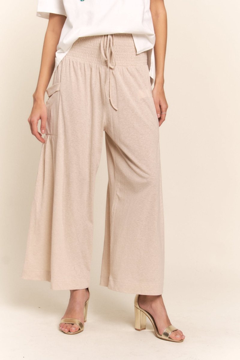 J.NNA Smocked Waist Boho Wide Leg Pants with Pockets - Trendsi