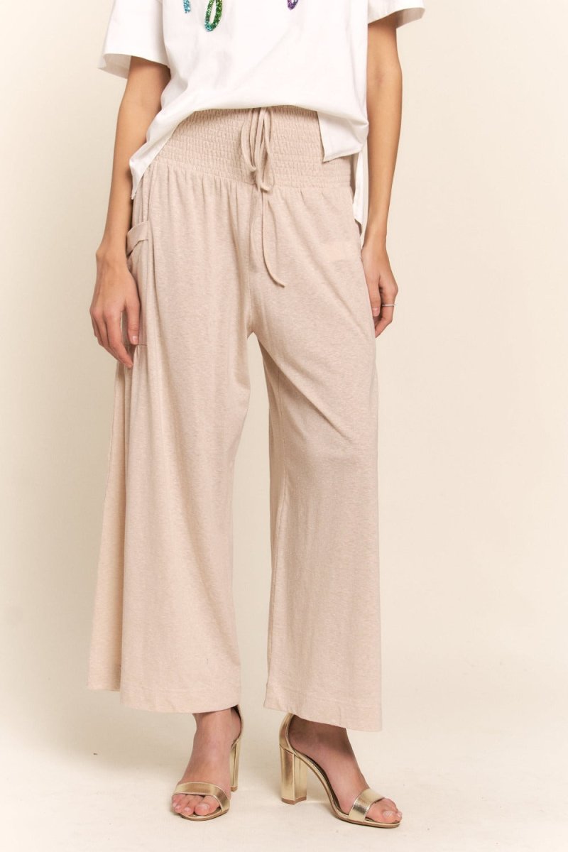 J.NNA Smocked Waist Boho Wide Leg Pants with Pockets - Trendsi