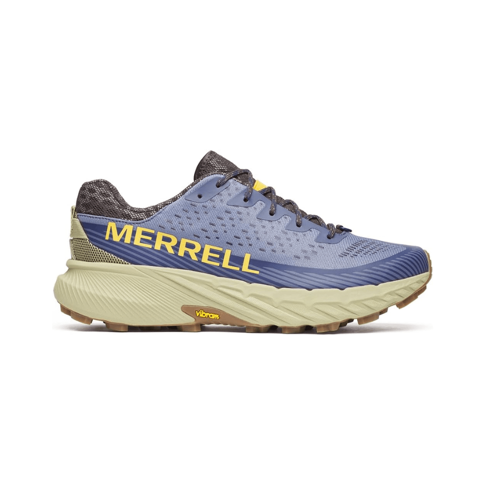 Merrell Agility Peak 5 trail shoe in light grey with breathable mesh and rugged blue Vibram sole for off-road traction.