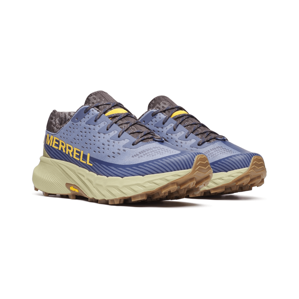 Merrell Agility Peak 5 trail shoe in light grey with breathable mesh and rugged blue Vibram sole for off-road traction.