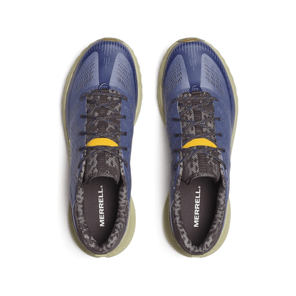 Merrell Agility Peak 5 trail shoe in light grey with breathable mesh and rugged blue Vibram sole for off-road traction.