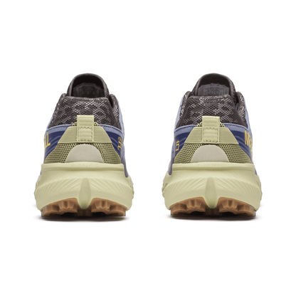 Merrell Agility Peak 5 trail shoe in light grey with breathable mesh and rugged blue Vibram sole for off-road traction.