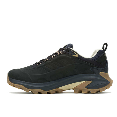 Black and navy trail running shoe with Vibram sole, deep traction lugs, reinforced toe cap, mesh panels, and lace-up closure.