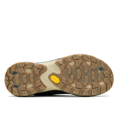 Black and navy trail running shoe with Vibram sole, deep traction lugs, reinforced toe cap, mesh panels, and lace-up closure.