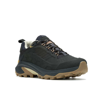 Black and navy trail running shoe with Vibram sole, deep traction lugs, reinforced toe cap, mesh panels, and lace-up closure.