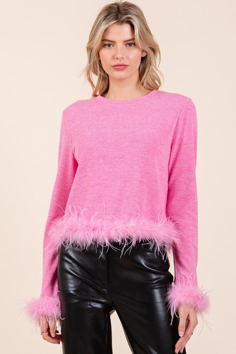 Mittoshop Feather Trim Long Sleeve Crop Hacci Knit Top - Trendsi