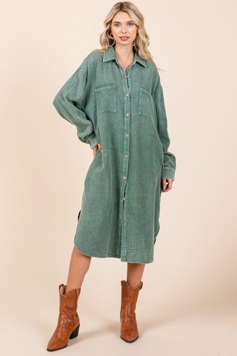 Mittoshop Mineral Wash Cotton Gauze Midi Shirt Dress - Trendsi