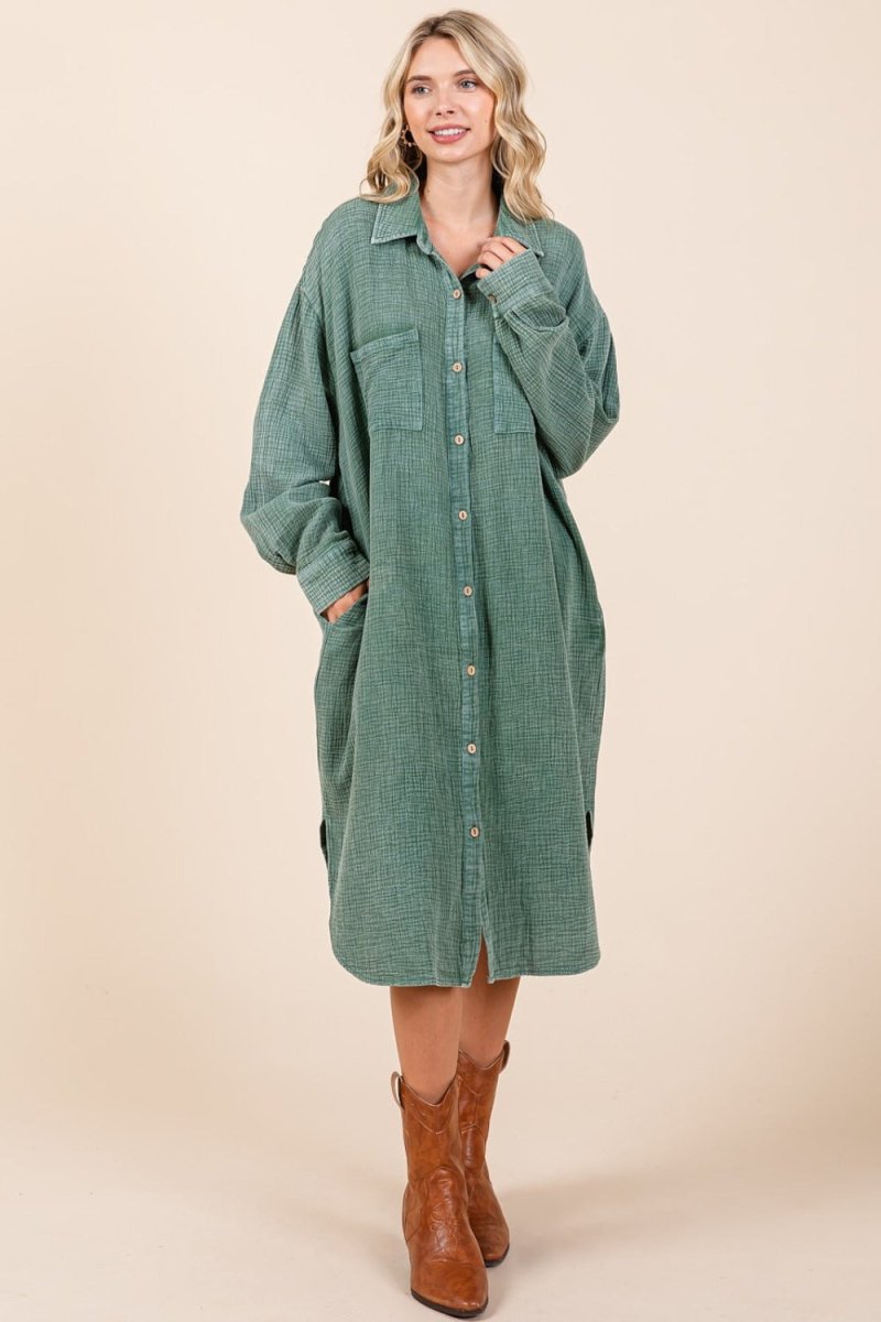 Mittoshop Mineral Wash Cotton Gauze Midi Shirt Dress - Trendsi