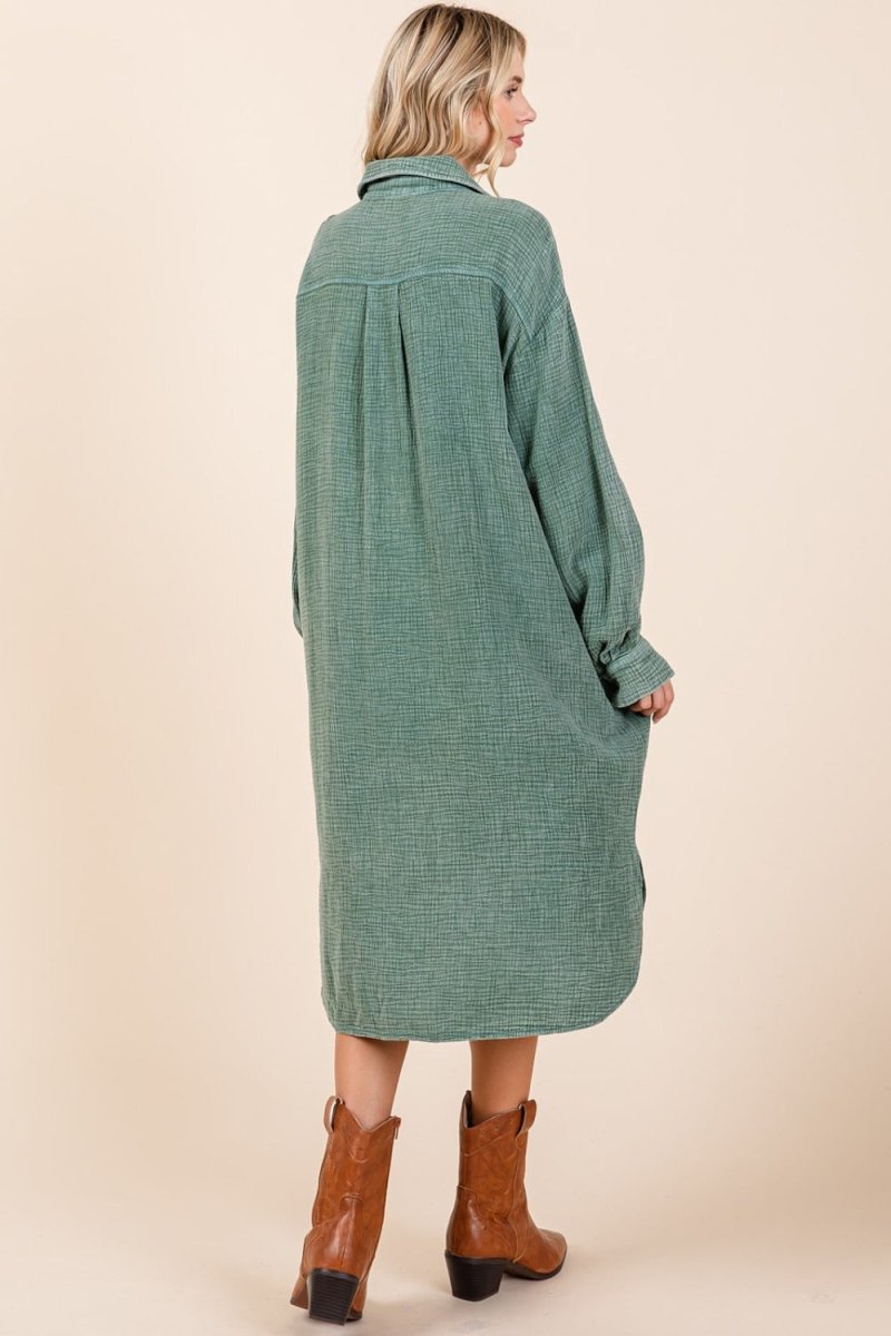 Mittoshop Mineral Wash Cotton Gauze Midi Shirt Dress - Trendsi