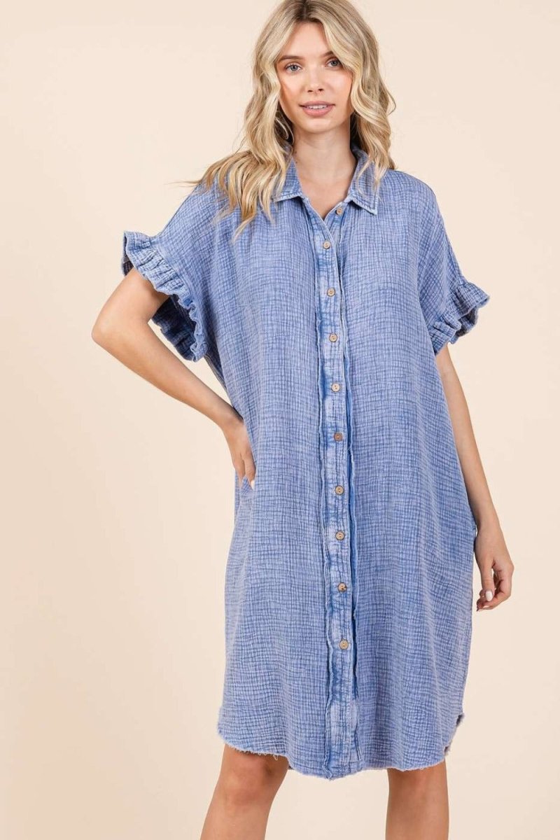 Mittoshop Mineral Wash Cotton Gauze Mini Shirt Dress - Trendsi